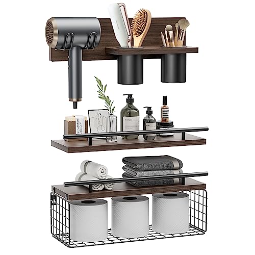 RoleDes Bathroom Floating Shelves with Hair Dryer Holder - Wall Mounted Wood Wall Shelf with Blow Dryer Storage Over The Toilet - Set of 3 Rustic Brown Farmhouse Decor - Image 1
