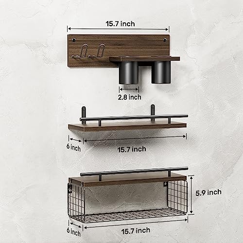 RoleDes Bathroom Floating Shelves with Hair Dryer Holder - Wall Mounted Wood Wall Shelf with Blow Dryer Storage Over The Toilet - Set of 3 Rustic Brown Farmhouse Decor - Image 5