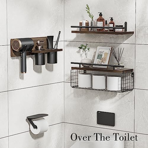 RoleDes Bathroom Floating Shelves with Hair Dryer Holder - Wall Mounted Wood Wall Shelf with Blow Dryer Storage Over The Toilet - Set of 3 Rustic Brown Farmhouse Decor - Image 4