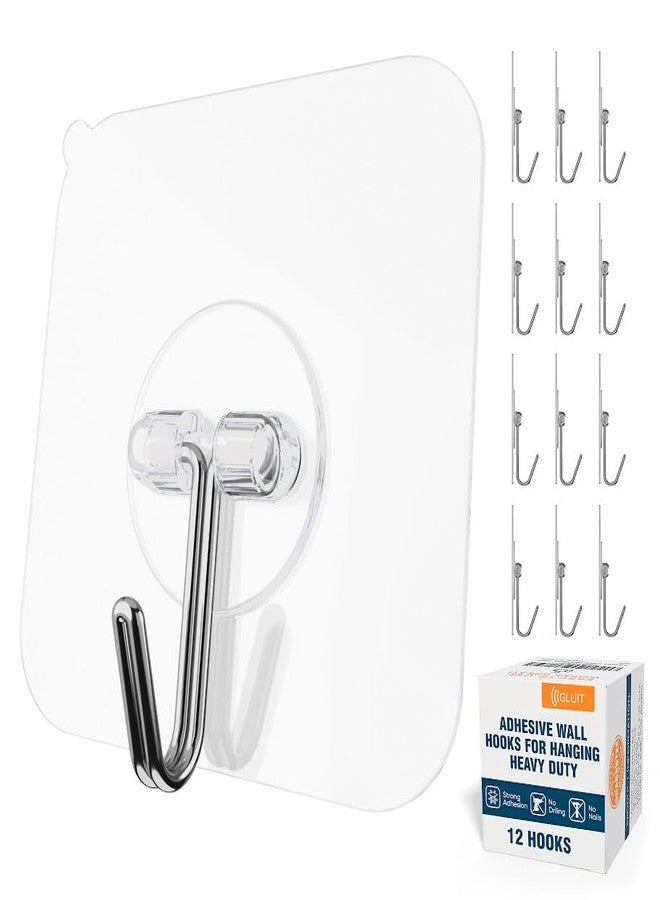 GLUIT Adhesive Wall Hooks for Hanging Heavy Duty 22 lbs Hooks for Walls No Damage, Towel Sticky Clear Hook, Waterproof, Home, Bathroom, Kitchen, Office, and Outdoor 12 Pack - Image 1