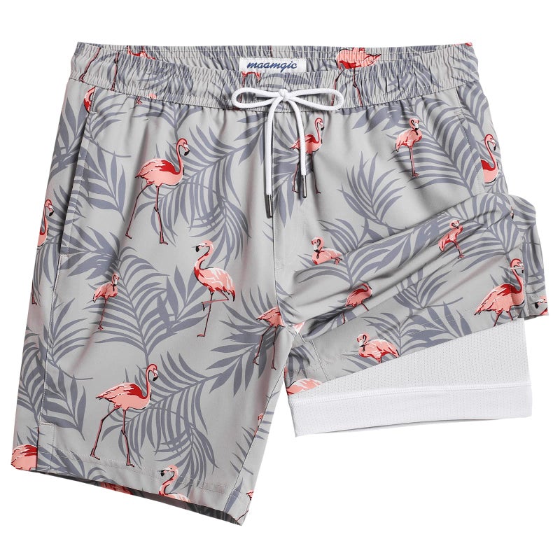 maamgic Mens Swim Trunks with Compression Liner 7 Inch Inseam Mens Bathing Suit Quick Dry Swimming Trunks Swimsuit Flamingo Gray White Large - Image 1