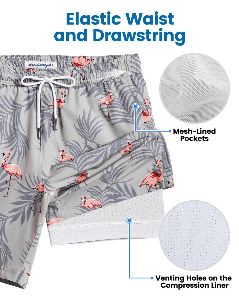 maamgic Mens Swim Trunks with Compression Liner 7 Inch Inseam Mens Bathing Suit Quick Dry Swimming Trunks Swimsuit Flamingo Gray White Large - Image 2
