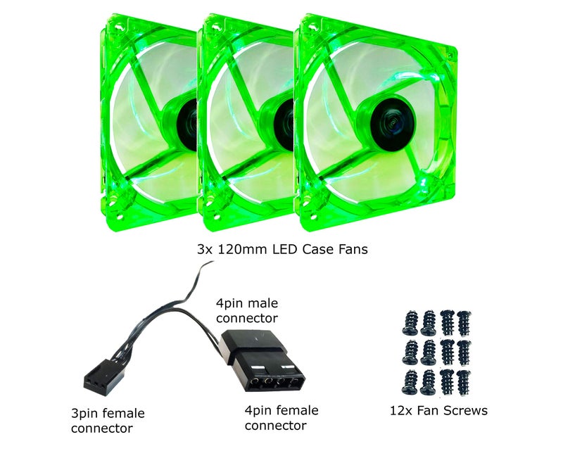 Apevia CF312SL-UGN 120mm 4pin Molex + 3pin Motherboard Silent Green LED Case Fan (3-pk) - Image 5