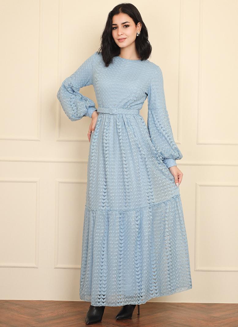 Elegant style Round neck Solid color Lace Belt Lantern sleeve Long Dresses Blue