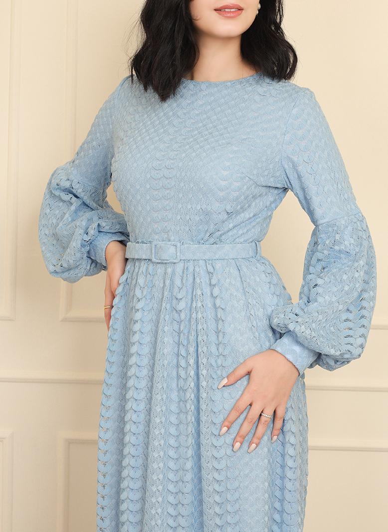 Elegant style Round neck Solid color Lace Belt Lantern sleeve Long Dresses Blue