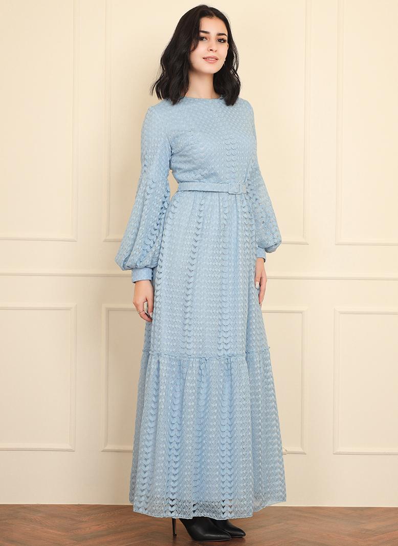 Elegant style Round neck Solid color Lace Belt Lantern sleeve Long Dresses Blue