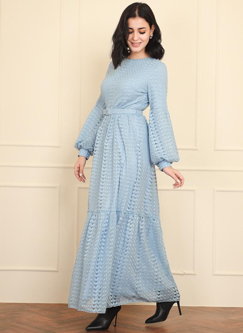 Elegant style Round neck Solid color Lace Belt Lantern sleeve Long Dresses Blue