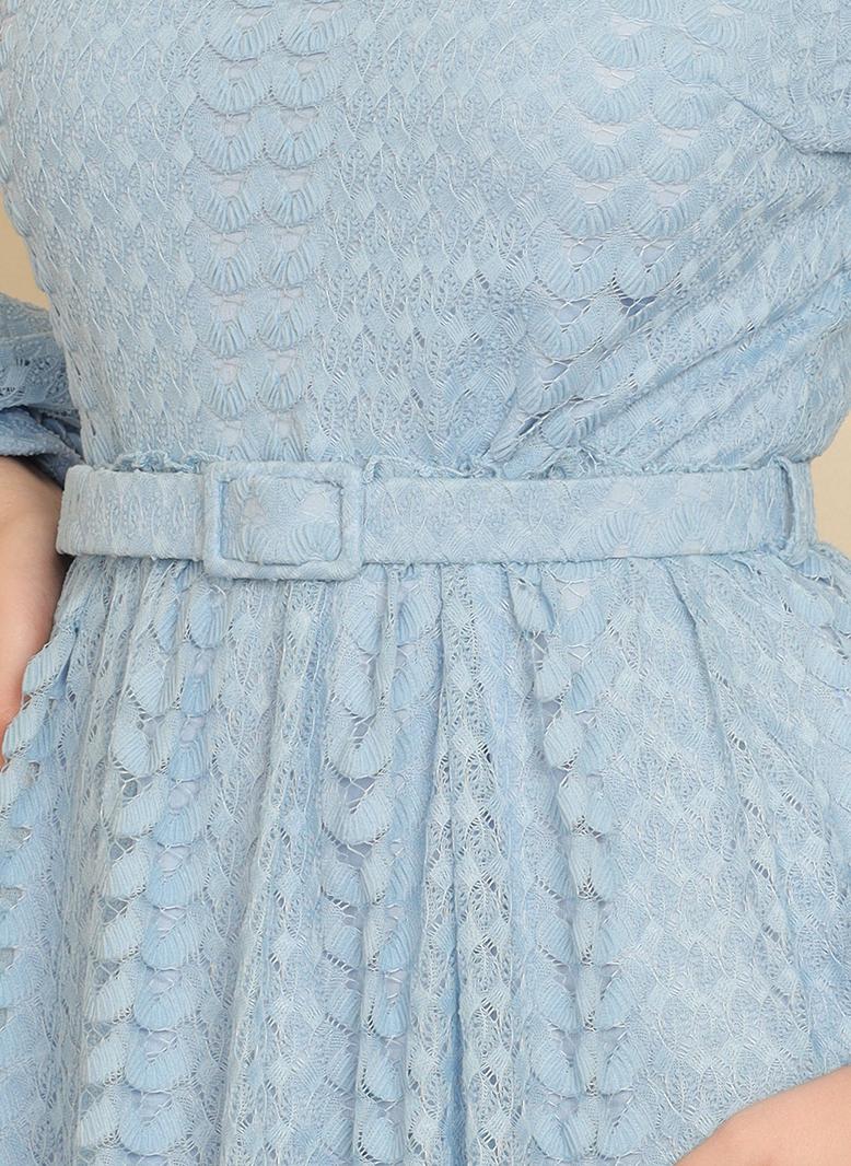 Elegant style Round neck Solid color Lace Belt Lantern sleeve Long Dresses Blue