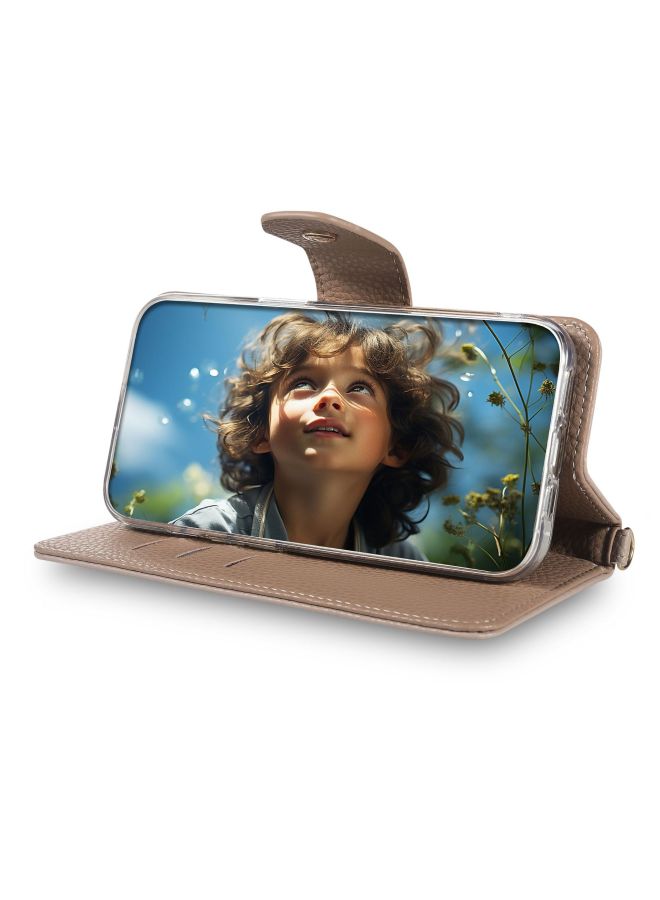 IPhone16 Litchi Pattern Multifunctional Mobile Phone Case Suitable For Google 9pro Card-in Hand Account Type 12 Case-Color:Khaki-Applicable Models:iphone16pro Max - Image 4