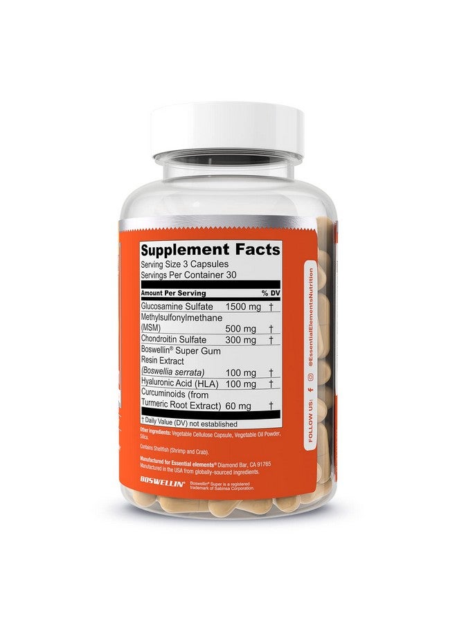 Essential Elements مكمل الجلوكوزامين والشوندرويتين وMSM وبوسويليا سيراتا وحمض الهيالورونيك لدعم المفاصل ومكمل مضاد للأكسدة للمرونة 90 كبسولة - Image 3