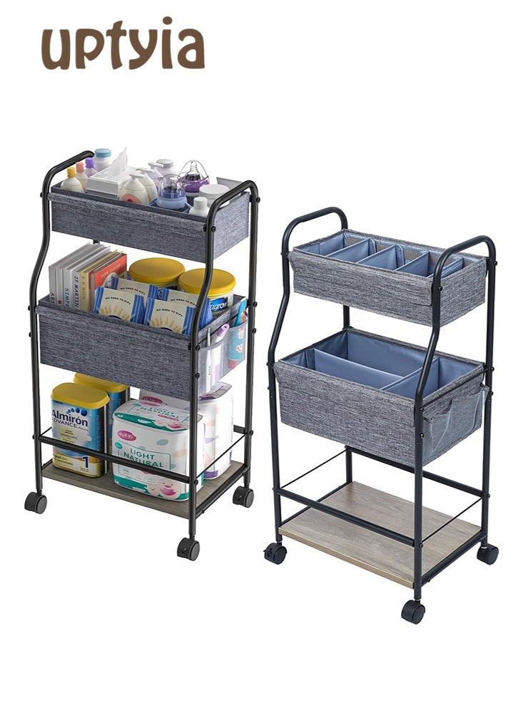 أوبتيا منظم وحامل تخزين لحفاضات الأطفال، عربة متحركة بثلاثة طوابق مع فواصل وأدراج، منظم تخزين لمنتجات الأطفال، رف تخزين منزلي، عربة متحركة متعددة الاستخدامات، منظم ملابس للأطفال مع عجلات متحركة لحضانة الأطفال مع 4+2 فواصل، عربة متحركة ذات سعة كبيرة للمطبخ والحمام والمكتب - Image 1
