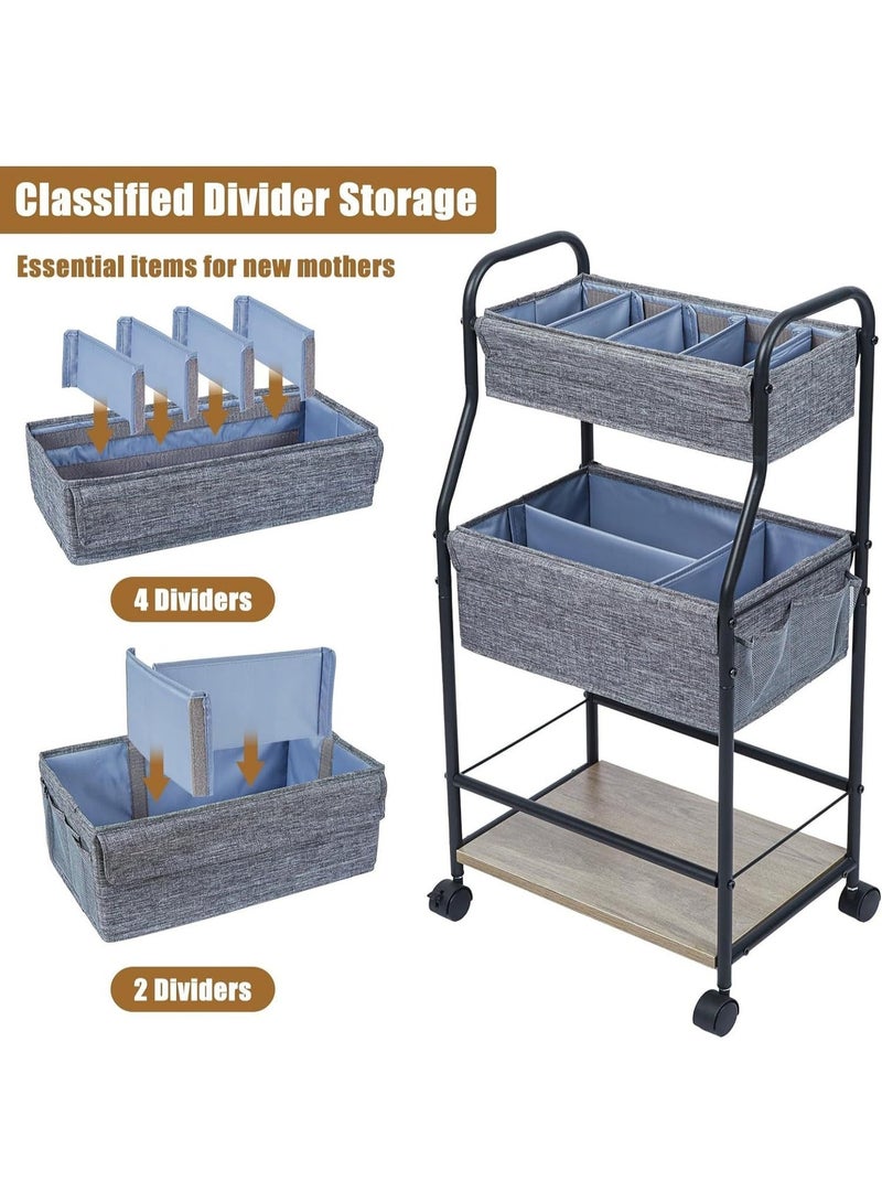 أوبتيا منظم وحامل تخزين لحفاضات الأطفال، عربة متحركة بثلاثة طوابق مع فواصل وأدراج، منظم تخزين لمنتجات الأطفال، رف تخزين منزلي، عربة متحركة متعددة الاستخدامات، منظم ملابس للأطفال مع عجلات متحركة لحضانة الأطفال مع 4+2 فواصل، عربة متحركة ذات سعة كبيرة للمطبخ والحمام والمكتب - Image 5