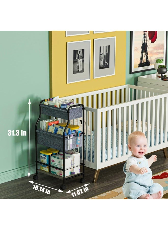 أوبتيا منظم وحامل تخزين لحفاضات الأطفال، عربة متحركة بثلاثة طوابق مع فواصل وأدراج، منظم تخزين لمنتجات الأطفال، رف تخزين منزلي، عربة متحركة متعددة الاستخدامات، منظم ملابس للأطفال مع عجلات متحركة لحضانة الأطفال مع 4+2 فواصل، عربة متحركة ذات سعة كبيرة للمطبخ والحمام والمكتب - Image 3