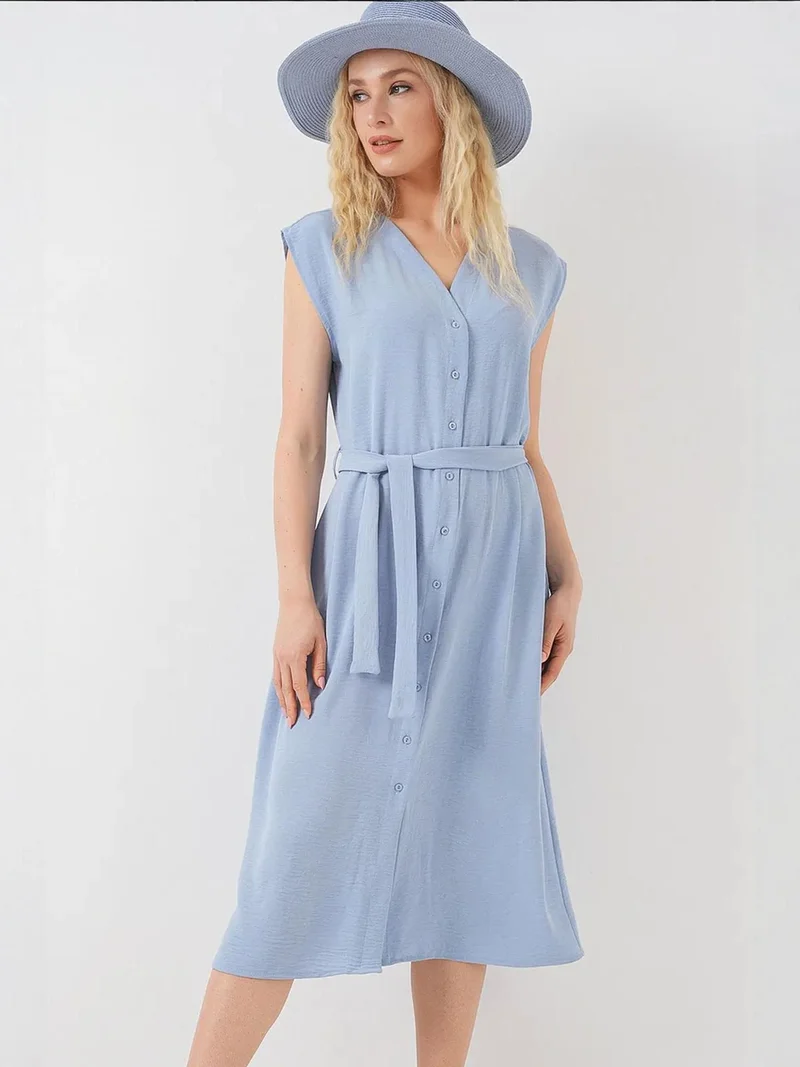 BIG DART BDART Textured V-Neck Midi Dress with Button Closure