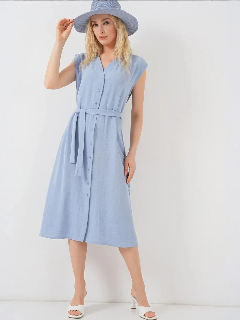 BIG DART BDART Textured V-Neck Midi Dress with Button Closure
