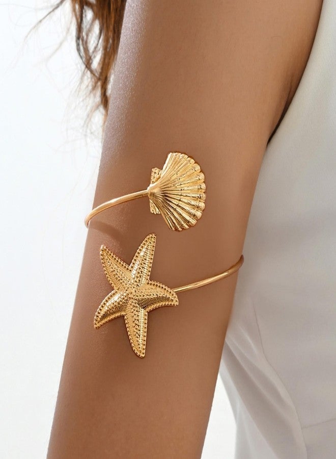 Frodete Gold Arm Cuff for Women Starfish Arm Cuff Adjustable Arms Bracelet Shell Beach Jewelry Summer Vacation Accessory - Image 2