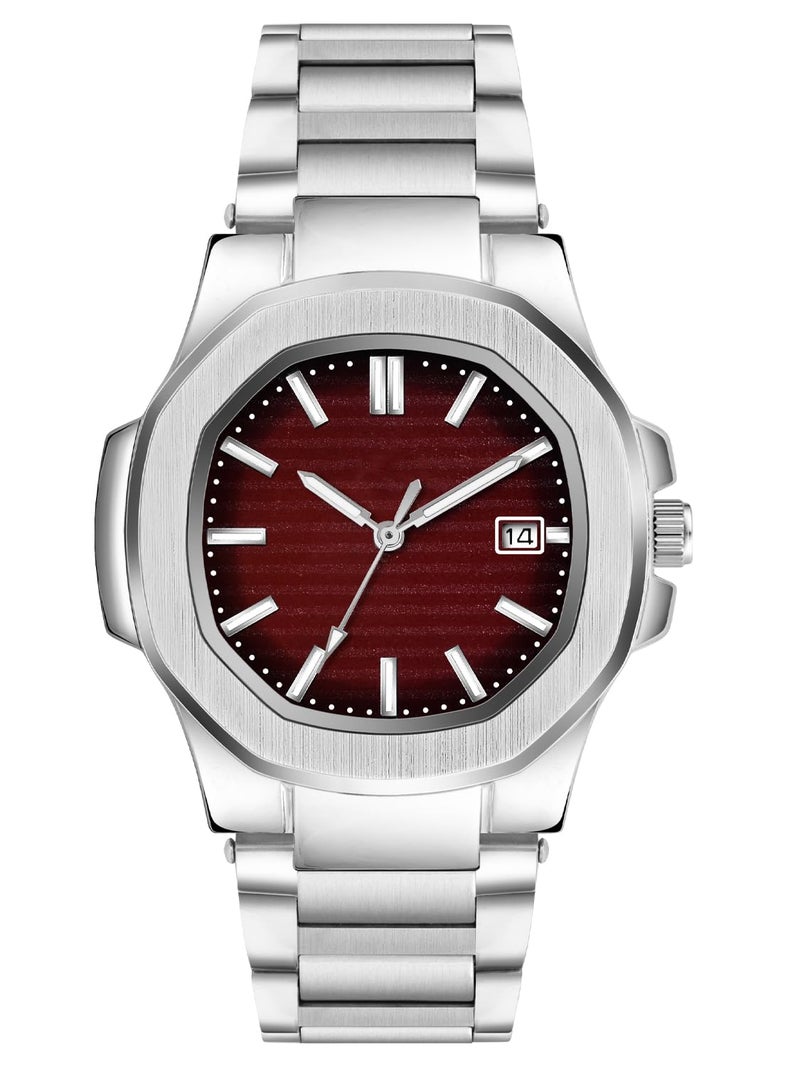 CLOUDWOOD Casual Fashion Octagonal Analog Stainless Steel Strap Date Display Watch for Man & Boys -MT80107 (Maroon) - Image 1