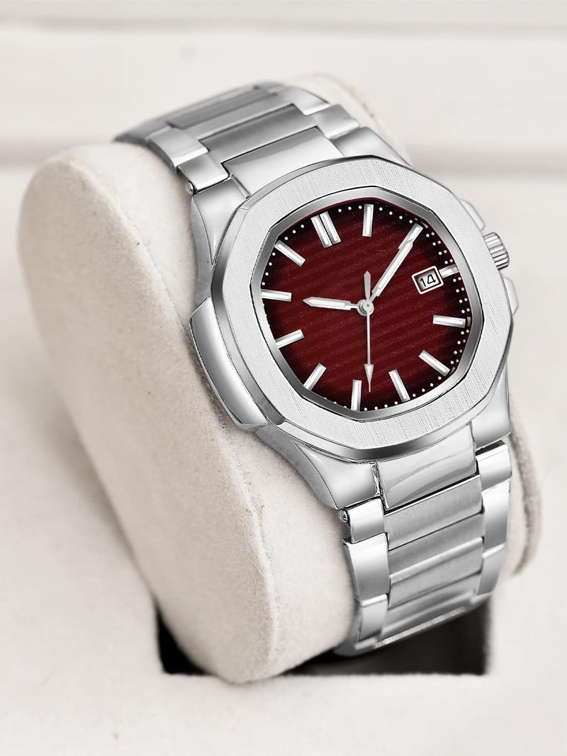 CLOUDWOOD Casual Fashion Octagonal Analog Stainless Steel Strap Date Display Watch for Man & Boys -MT80107 (Maroon) - Image 2