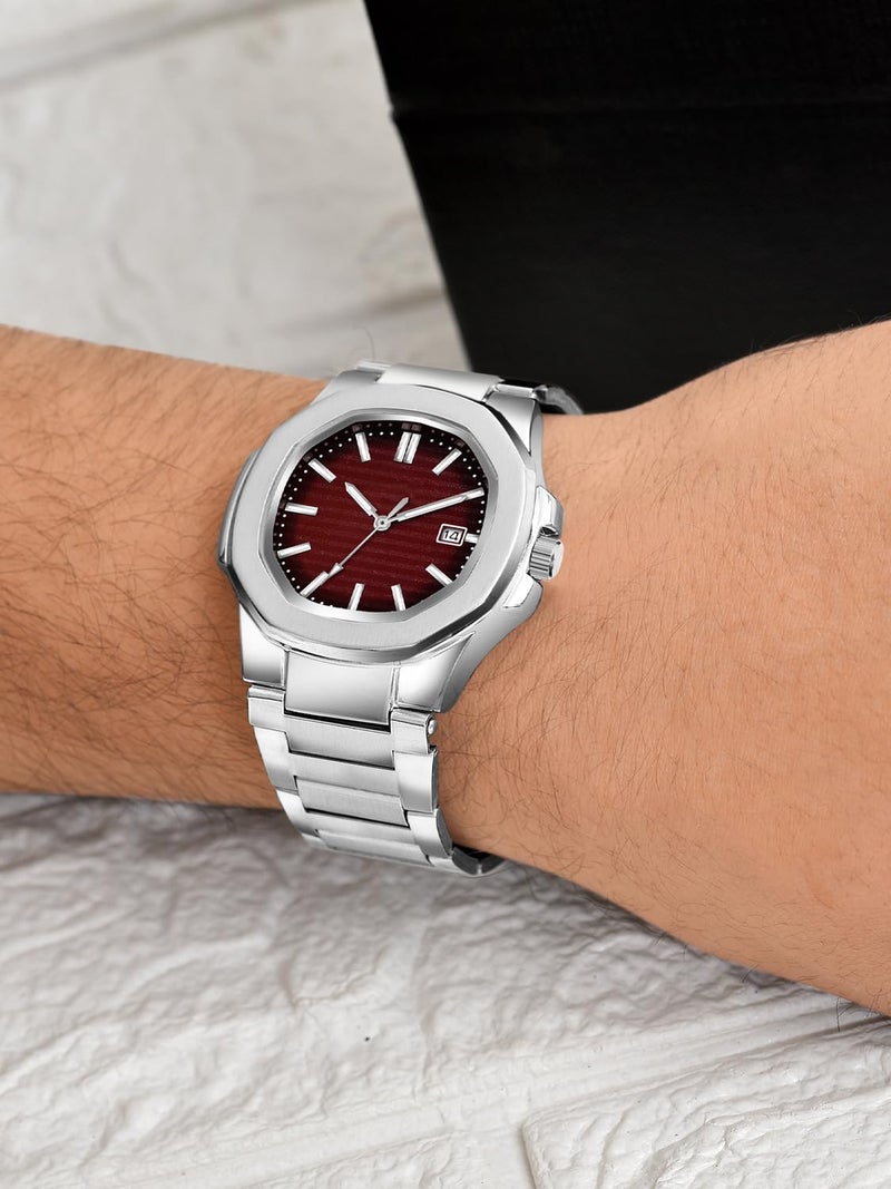CLOUDWOOD Casual Fashion Octagonal Analog Stainless Steel Strap Date Display Watch for Man & Boys -MT80107 (Maroon) - Image 4
