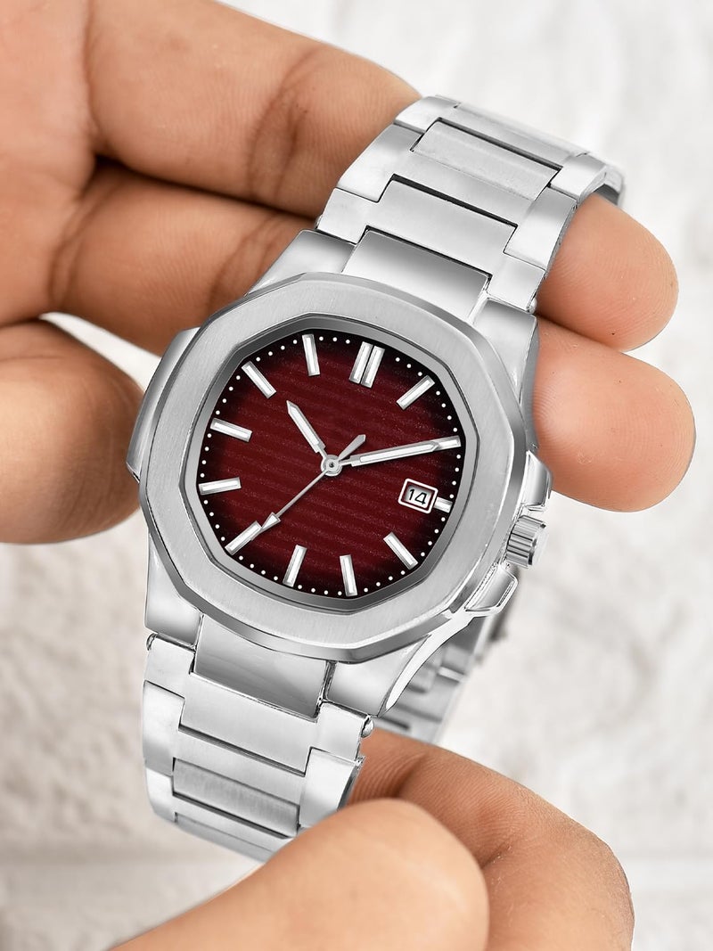 CLOUDWOOD Casual Fashion Octagonal Analog Stainless Steel Strap Date Display Watch for Man & Boys -MT80107 (Maroon) - Image 5