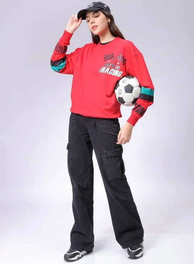 Women Boxy Fit Racing Printed Crew Neck Long Sleeve Oversized Sweatshirt