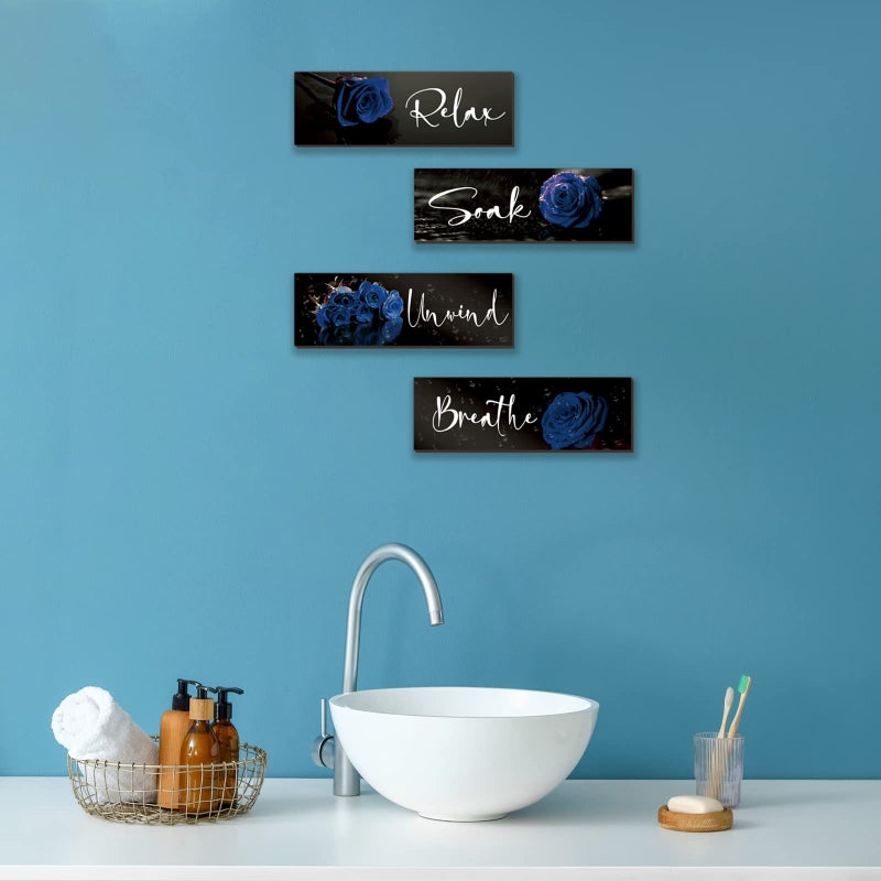 ZINYAZHE 4 Pieces Blue Rose Bathroom Wall Decors Wall Art Wooden Flower Restroom Decor Royal Blue Decor Modern Breathe Wash Unwind Relax Sign for Bedroom Living Room Home Decoration(Blue Rose  12x4 Inch) - Image 4