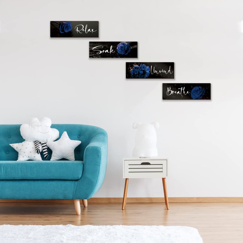 ZINYAZHE 4 Pieces Blue Rose Bathroom Wall Decors Wall Art Wooden Flower Restroom Decor Royal Blue Decor Modern Breathe Wash Unwind Relax Sign for Bedroom Living Room Home Decoration(Blue Rose  12x4 Inch) - Image 2