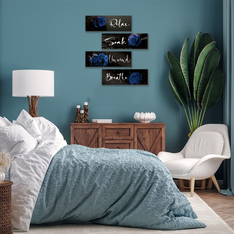 ZINYAZHE 4 Pieces Blue Rose Bathroom Wall Decors Wall Art Wooden Flower Restroom Decor Royal Blue Decor Modern Breathe Wash Unwind Relax Sign for Bedroom Living Room Home Decoration(Blue Rose  12x4 Inch) - Image 1