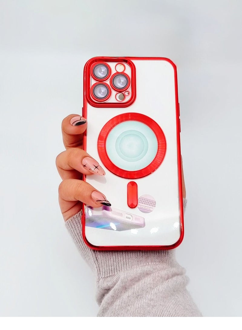 Transparent Red iPhone 13 Pro Cover with A Protective Rubber Frame for The Camera Lenses Compatible with A Secure Back Magnetic Charger Made of Soft Stretchy Polyurethane High Quality - Image 1