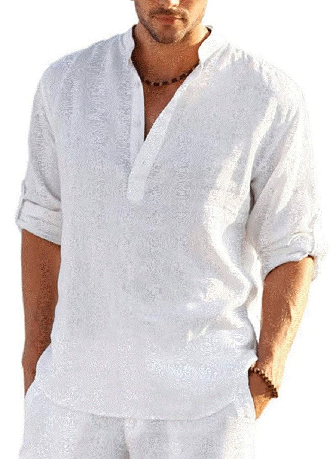 NIBEMINENT Men's Long Sleeve Loose Solid Color Linen Shirt White 