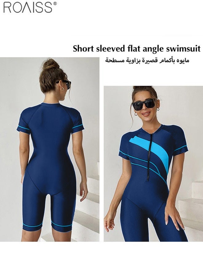 ملابس سباحة نسائية محافظة من قطعة واحدة، أنيقة وضيقة ومرنة للغاية، بطول الركبة، بسحاب للإغلاق، ملابس سباحة سباق، رقبة مستديرة، سريعة الجفاف، ملابس سباحة نسائية محافظة باللون الأزرق
