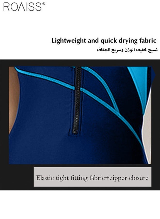ملابس سباحة نسائية محافظة من قطعة واحدة، أنيقة وضيقة ومرنة للغاية، بطول الركبة، بسحاب للإغلاق، ملابس سباحة سباق، رقبة مستديرة، سريعة الجفاف، ملابس سباحة نسائية محافظة باللون الأزرق