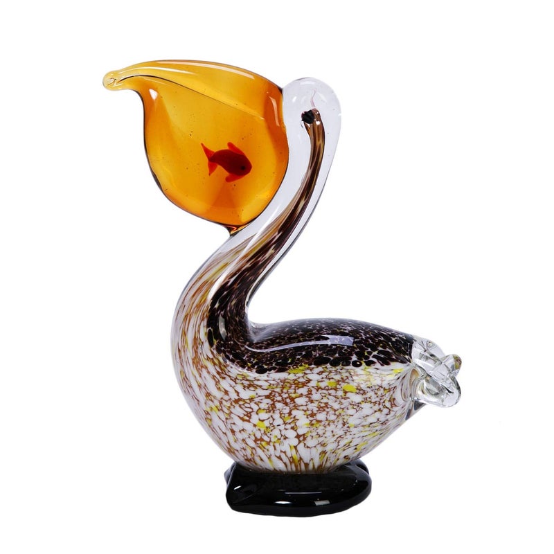 Beachcombers 7 Pelican w Fish Decorative Glass Art Figure Figurine All Seasons Summer Beach House Coastal Nautical Fireplace Mantle End Table Bedroom Kitchen Tabletop Decor Decoration Yellow - Image 1
