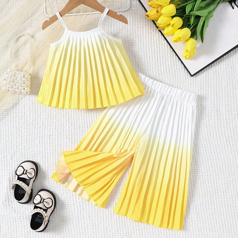 Girls summer two-piece childrens sleeveless sling trousers suit baby thin childrens clothing trade wholesale baby girl yellow and white 