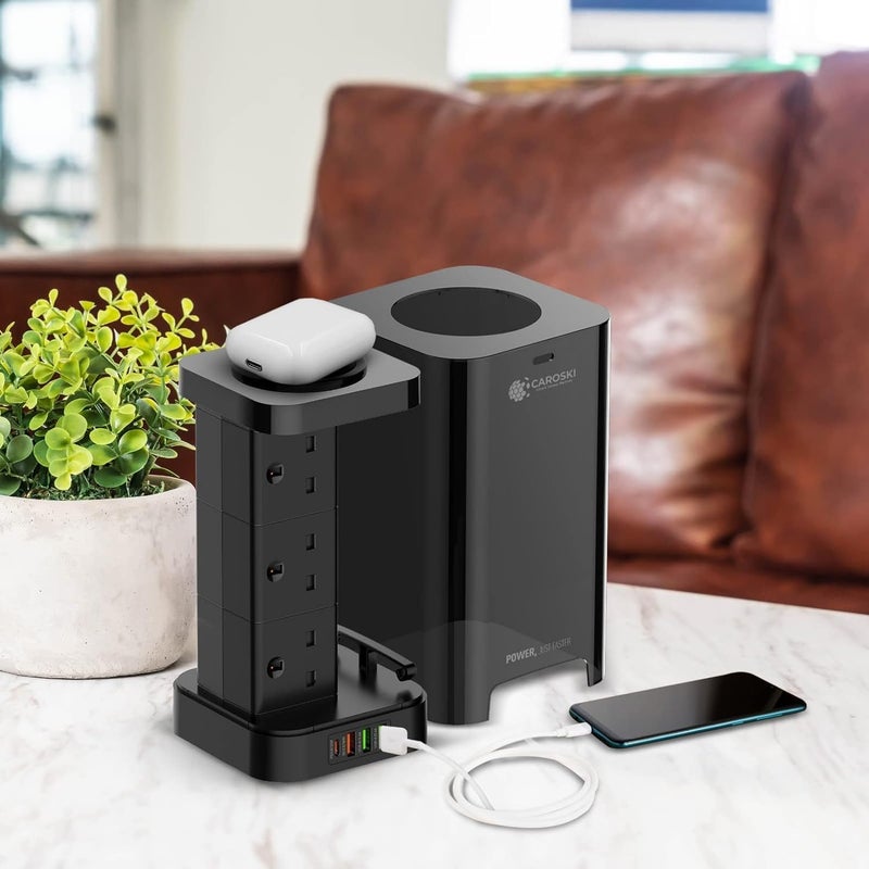 CAROSKI Tower Extension Cord 6 Power Socket 4 USB Ports and 2500W Wireless Charger Multi-Plug Extension 2M Long 1 Extra Charging Cable 1 Year warranty Extension Cable with Elegant Box (Black) - Image 4