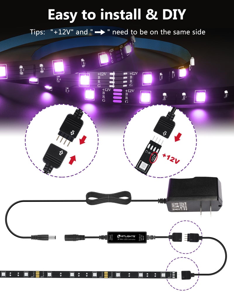 HitLights LED Strip Lights, Small LED Light Strips Dimmable, RGB 5050 Color Changing LED Tape Light with Remote and UL-Listed Adapter for TV Backlight, Bedroom, Cabinet Shelf Display - Image 3