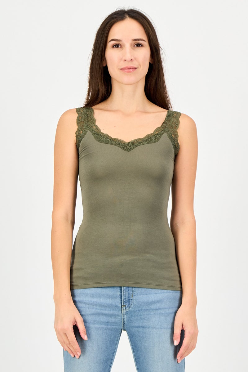 promod Women V-Neck Sleeveless Plain Tank Top, Green - Image 1