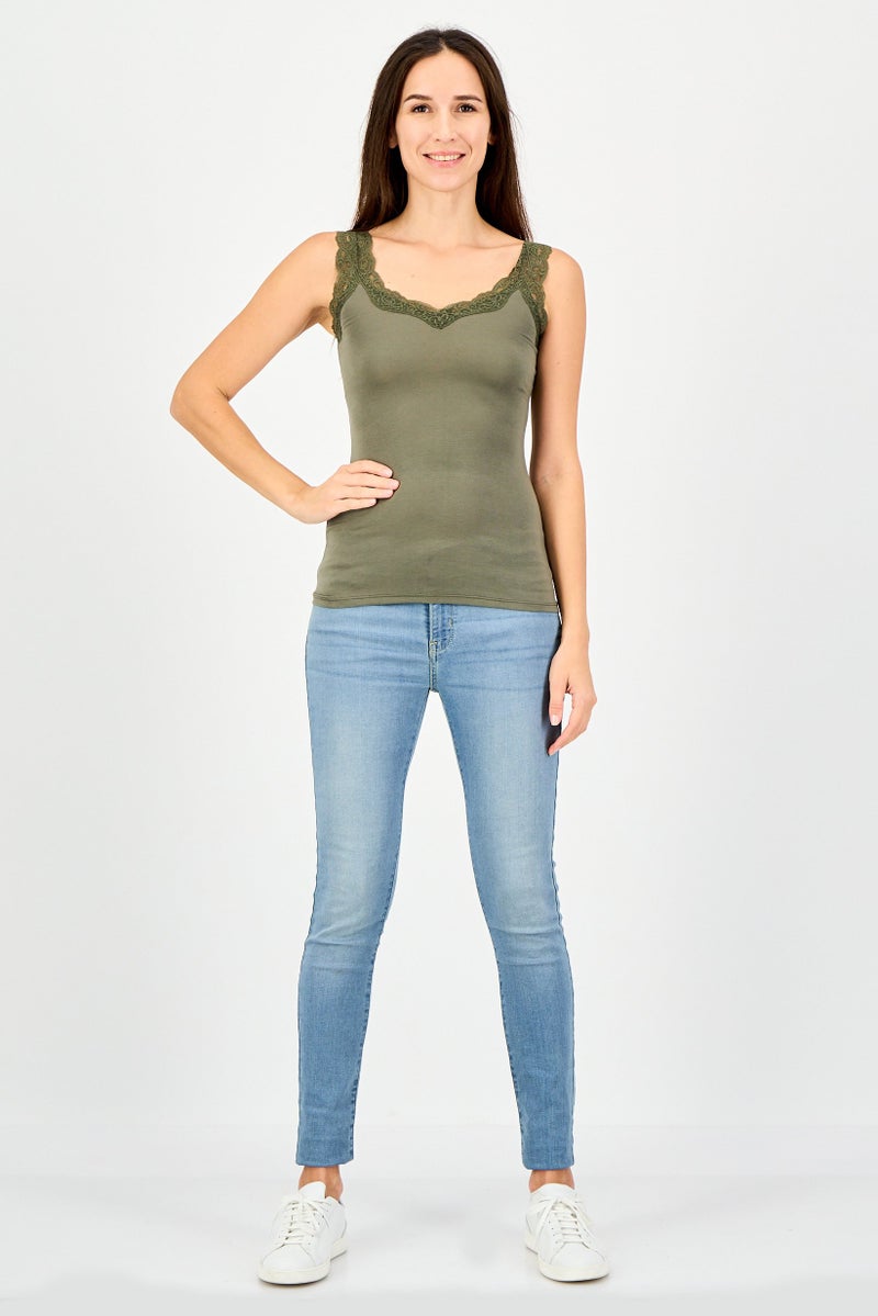 promod Women V-Neck Sleeveless Plain Tank Top, Green - Image 2