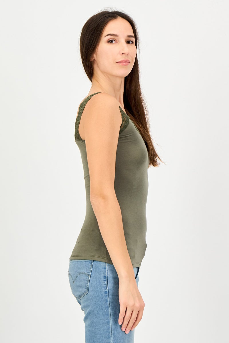 promod Women V-Neck Sleeveless Plain Tank Top, Green - Image 3