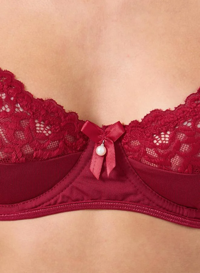 Take Two Solid Lace Patchwork Bow Detail Wired Bra and Thong Set