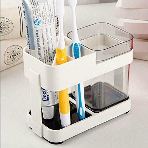 INOVERA (LABEL) Plastic Bathroom Toothbrush Toothpaste Holder Stand Storage Organizer, Off White, Pack of 1 - Image 4