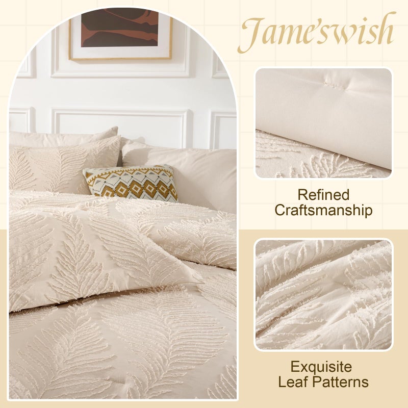 Jameswish 7 Pieces Tufted Boho Comforter Set Leaves Floral Khaki Farmhouse Shabby Chic Embroidered Bedding for All Seasons Queen Size with Comforter Sheets Pillowcases Shams - Image 2