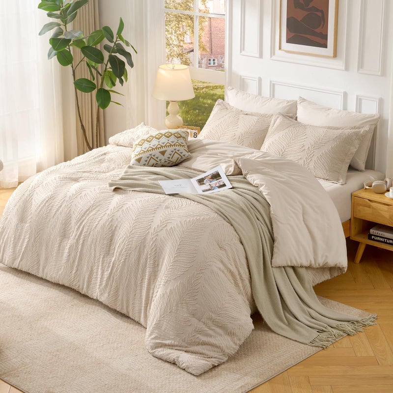 Jameswish 7 Pieces Tufted Boho Comforter Set Leaves Floral Khaki Farmhouse Shabby Chic Embroidered Bedding for All Seasons Queen Size with Comforter Sheets Pillowcases Shams - Image 5