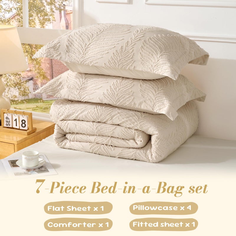 Jameswish 7 Pieces Tufted Boho Comforter Set Leaves Floral Khaki Farmhouse Shabby Chic Embroidered Bedding for All Seasons Queen Size with Comforter Sheets Pillowcases Shams - Image 4