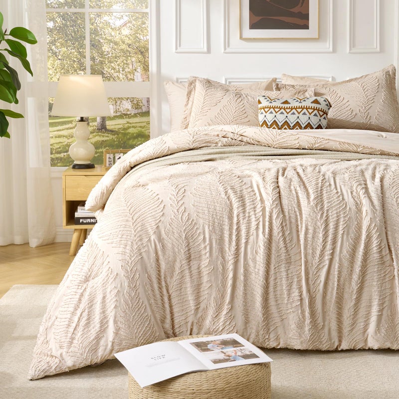 Jameswish 7 Pieces Tufted Boho Comforter Set Leaves Floral Khaki Farmhouse Shabby Chic Embroidered Bedding for All Seasons Queen Size with Comforter Sheets Pillowcases Shams - Image 1