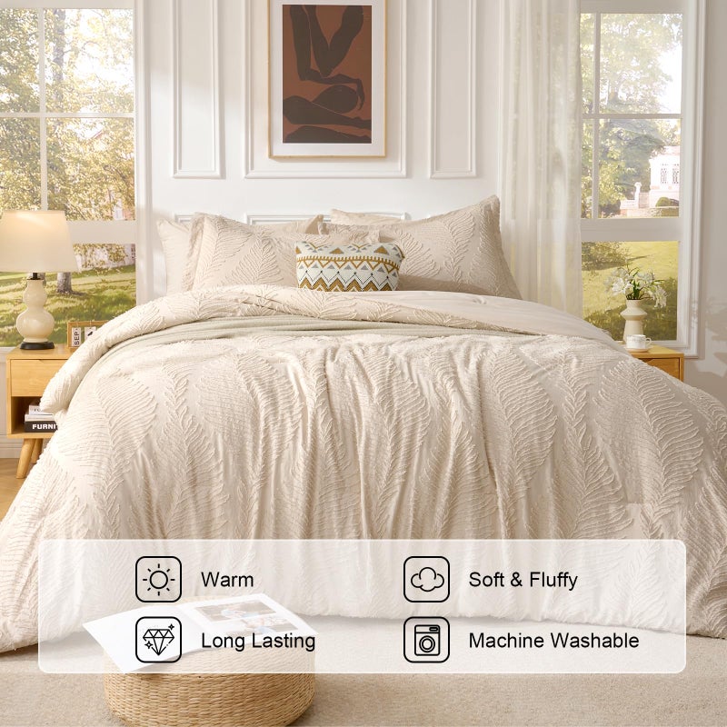 Jameswish 7 Pieces Tufted Boho Comforter Set Leaves Floral Khaki Farmhouse Shabby Chic Embroidered Bedding for All Seasons Queen Size with Comforter Sheets Pillowcases Shams - Image 3