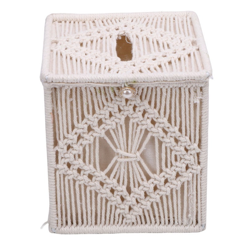 Bohemian Tissue Box Cover: Handwoven Cotton Rope & Iron Frame - Open Top Design for Easy Refill Decorative Tissue Box Holder for Home Office Bedroom Bathroom Car Party Picnic - Image 1