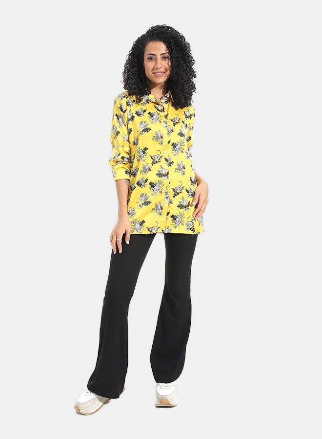 Andora Tiger Shaped Self Patteren Satin Long Sleeves Turned Down Collar Shirt _ Yellow - Image 5