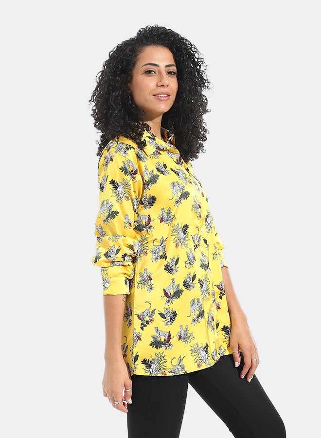 Andora Tiger Shaped Self Patteren Satin Long Sleeves Turned Down Collar Shirt _ Yellow - Image 2