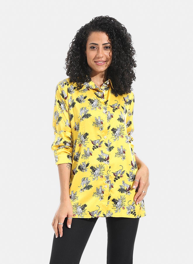 Andora Tiger Shaped Self Patteren Satin Long Sleeves Turned Down Collar Shirt _ Yellow - Image 1